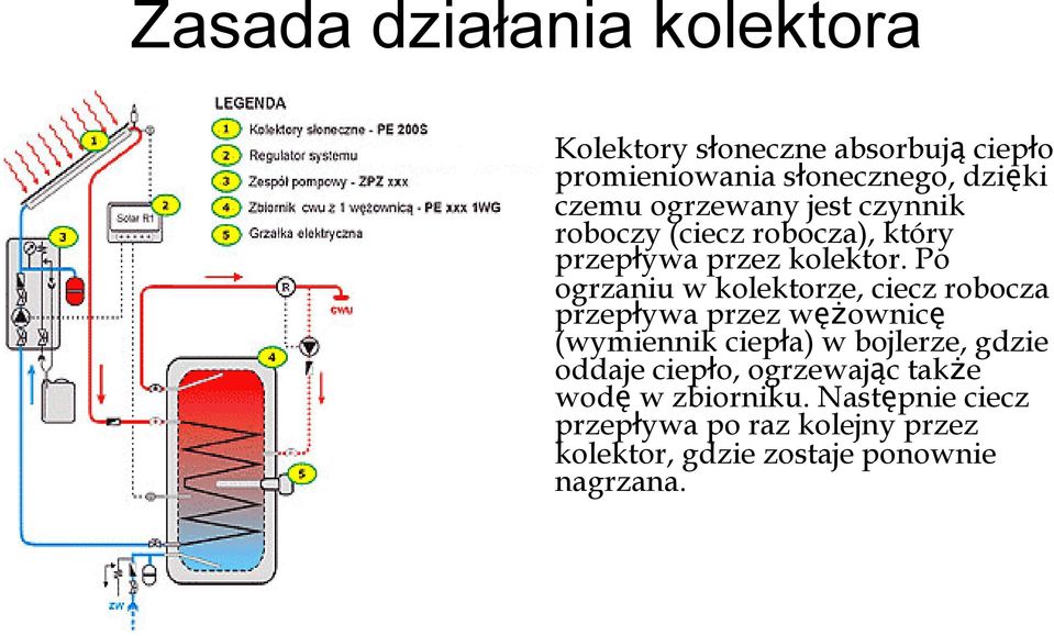Po ogrzaniu w kolektorze, ciecz robocza przepływa przez węŝownicę (wymiennik ciepła) w bojlerze, gdzie