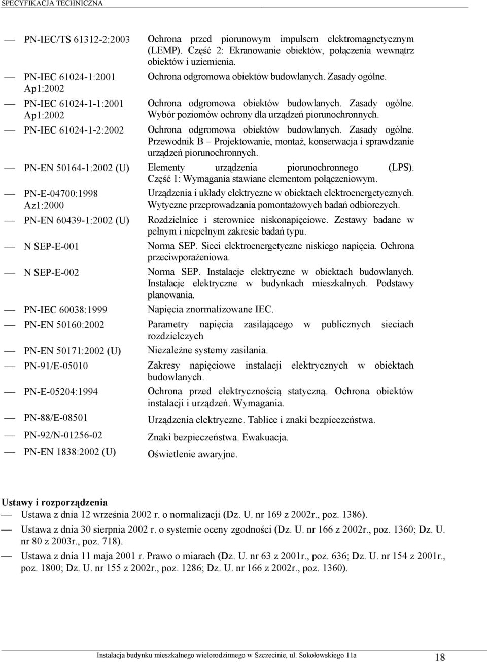 PN-IEC 61024-1-2:2002 Ochrona odgromowa obiektów budowlanych. Zasady ogólne. Przewodnik B Projektowanie, montaż, konserwacja i sprawdzanie urządzeń piorunochronnych.