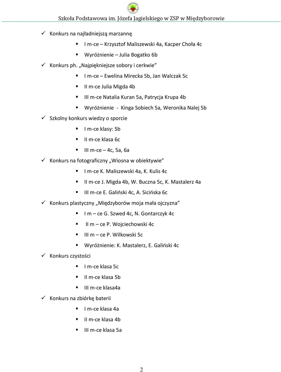 konkurs wiedzy o sporcie I m-ce klasy: 5b II m-ce klasa 6c III m-ce 4c, 5a, 6a Konkurs na fotograficzny Wiosna w obiektywie I m-ce K. Maliszewski 4a, K. Kulis 4c II m-ce J. Migda 4b, W. Buczna 5c, K.