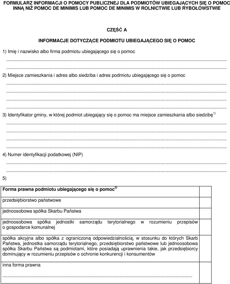 gminy, w której podmiot ubiegający się o pomoc ma miejsce zamieszkania albo siedzibę 1) 4) Numer identyfikacji podatkowej (NIP) 5) Forma prawna podmiotu ubiegającego się o pomoc 2) przedsiębiorstwo