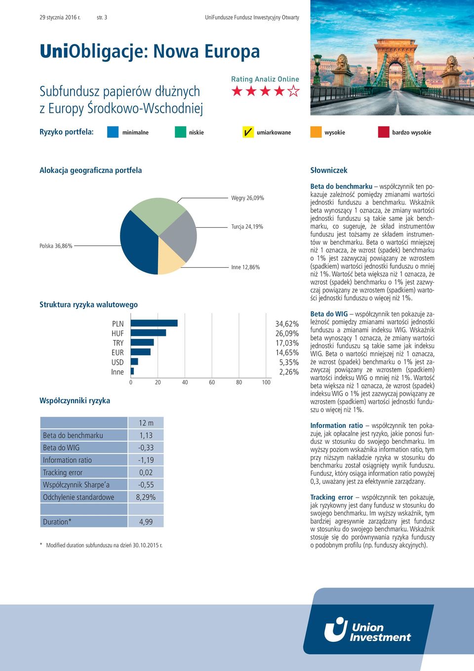 WIG -0,33 Information ratio -1,19 Tracking error 0,02 Współczynnik Sharpe a -0,55 Odchylenie standardowe 8,29% Duration* 4,99 * Modified duration subfunduszu na dzień 30.10.2015 r.