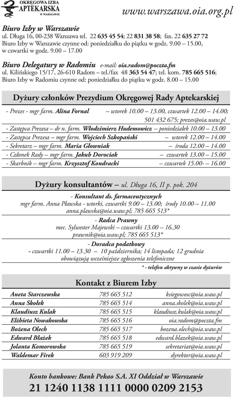 785 665 516; Biuro Izby w Radomiu czynne od: poniedziałku do piątku w godz. 8.00 15.00 Dyżury członków Prezydium Okręgowej Rady Aptekarskiej - Prezes - mgr farm. Alina Fornal wtorek 10.00 13.