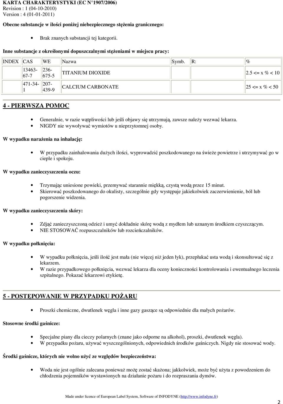 5 <= x % < 10 CALCIUM CARBONATE 25 <= x % < 50 4 - PIERWSZA POMOC Generalnie, w razie wątpliwości lub jeśli objawy się utrzymują, zawsze należy wezwać lekarza.