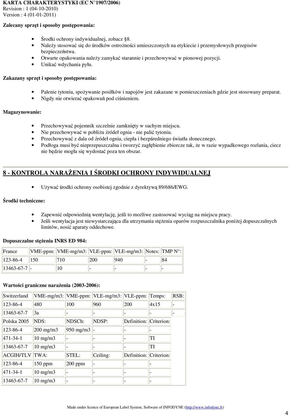Zakazany sprzęt i sposoby postępowania: Magazynowanie: Palenie tytoniu, spożywanie posiłków i napojów jest zakazane w pomieszczeniach gdzie jest stosowany preparat.