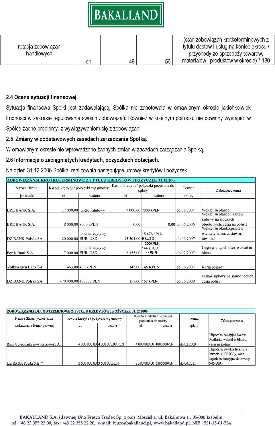Również w kolejnym półroczu nie powinny wystąpić w Spółce żadne problemy z wywiązywaniem się z zobowiązań. 2.5 Zmiany w podstawowych zasadach zarządzania Spółką.