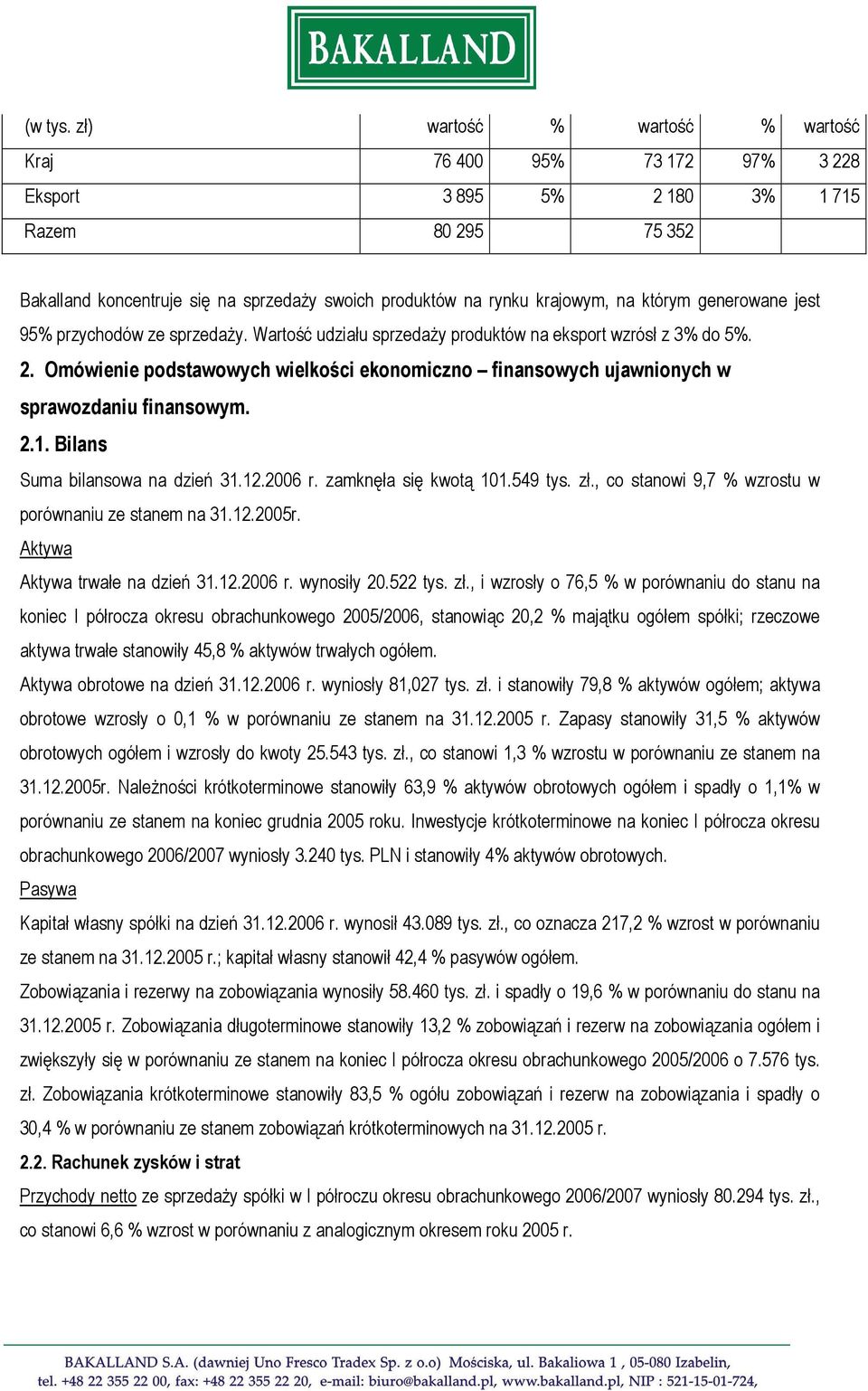 którym generowane jest 95% przychodów ze sprzedaży. Wartość udziału sprzedaży produktów na eksport wzrósł z 3% do 5%. 2.