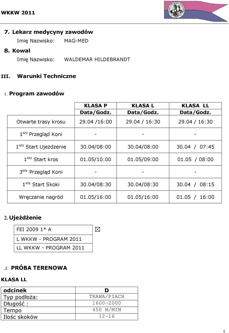 05/10:00 01.05/09:00 01.05 / 08:00 3 szy Przegląd Koni - - - 1 szy Start Skoki 30.04/08:30 30.04/08:30 30.04 / 08:15 Wręczanie nagród 01.05/16:00 01.05/16:00 01.05 / 16:00 2.