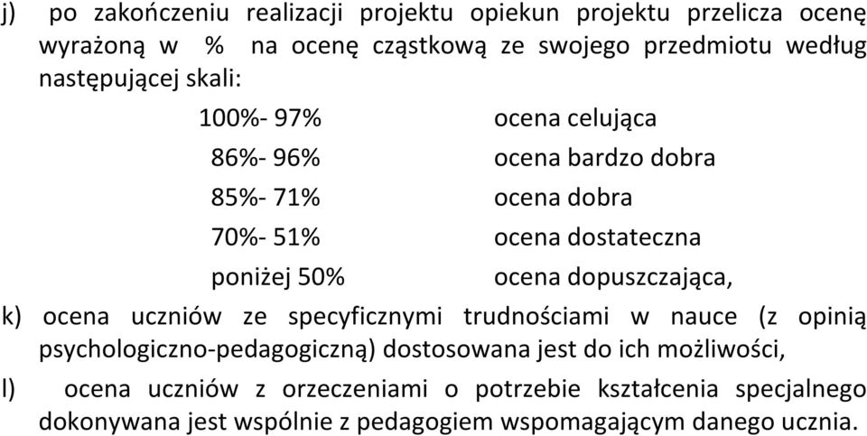 ocena dopuszczająca, k) ocena uczniów ze specyficznymi trudnościami w nauce (z opinią psychologiczno-pedagogiczną) dostosowana jest do