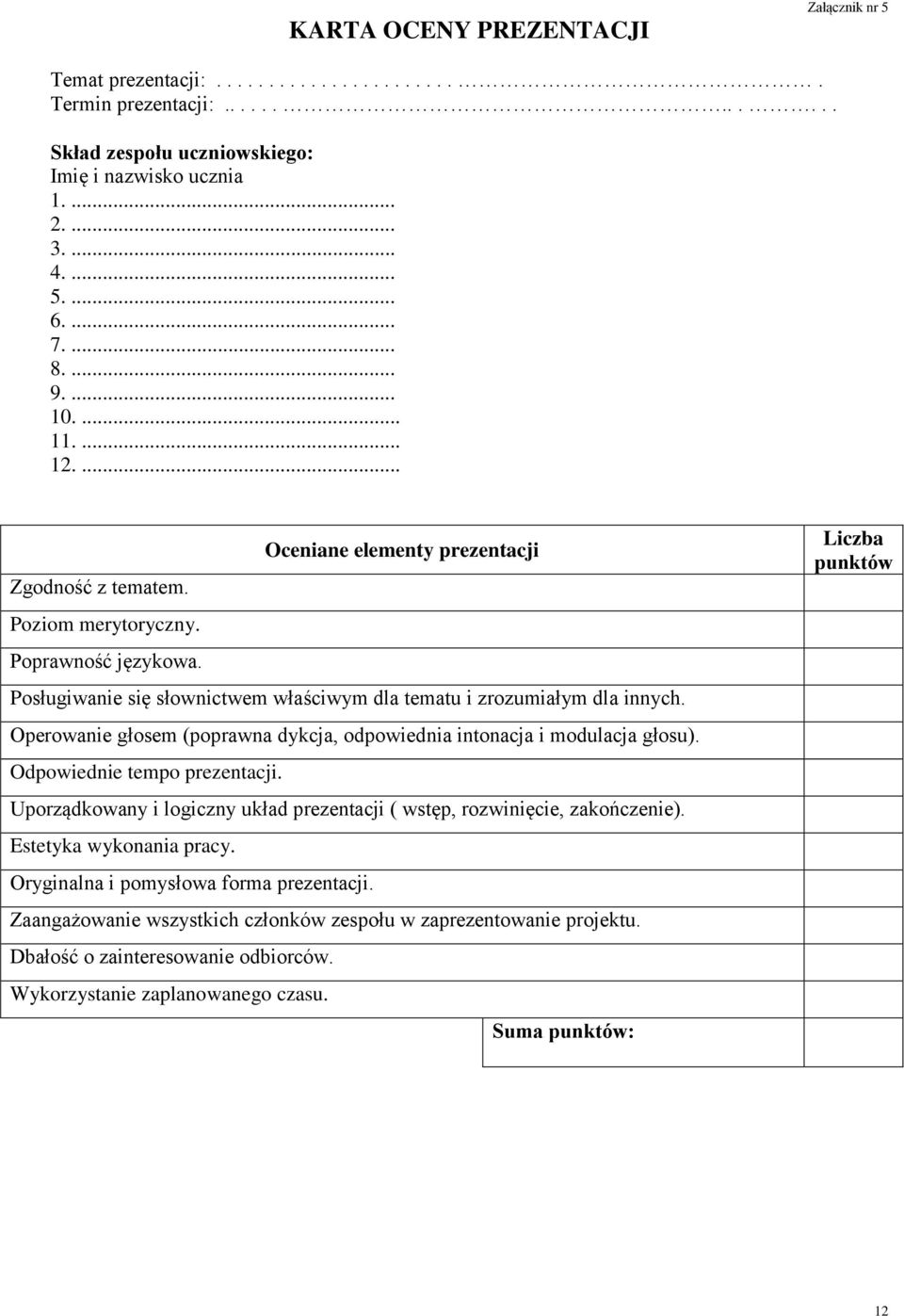 Posługiwanie się słownictwem właściwym dla tematu i zrozumiałym dla innych. Operowanie głosem (poprawna dykcja, odpowiednia intonacja i modulacja głosu). Odpowiednie tempo prezentacji.