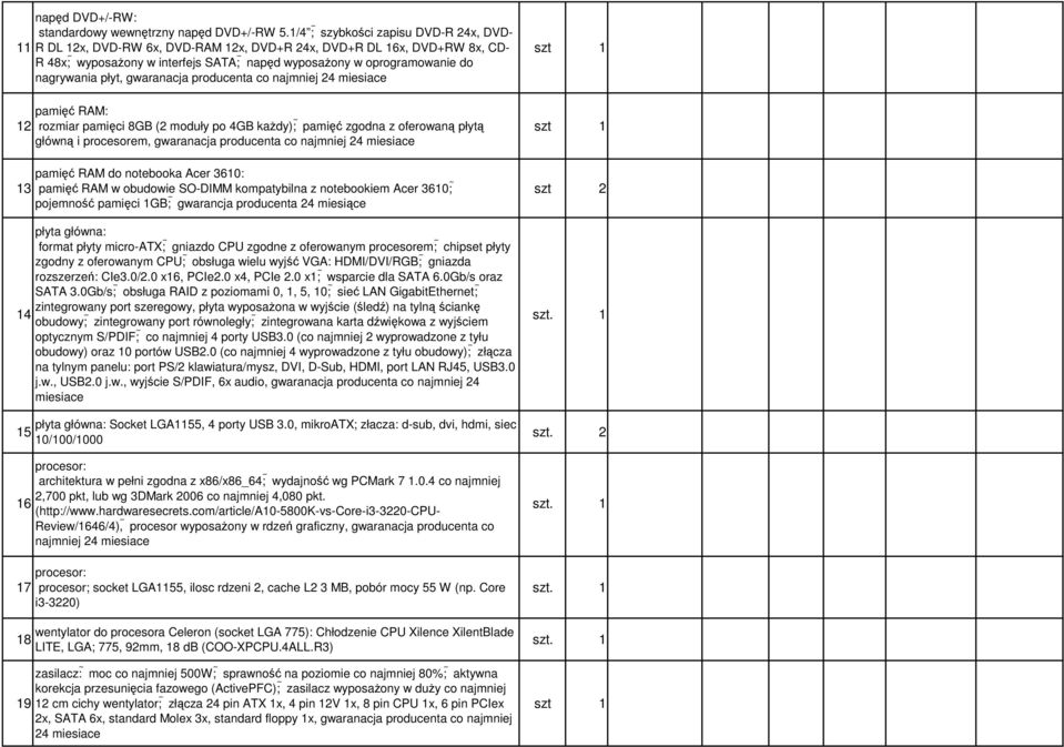 gwaranacja producenta co najmniej 24 miesiace 2 3 4 5 pamięć RAM: rozmiar pamięci 8GB (2 moduły po 4GB kaŝdy); pamięć zgodna z oferowaną płytą główną i procesorem, gwaranacja producenta co najmniej