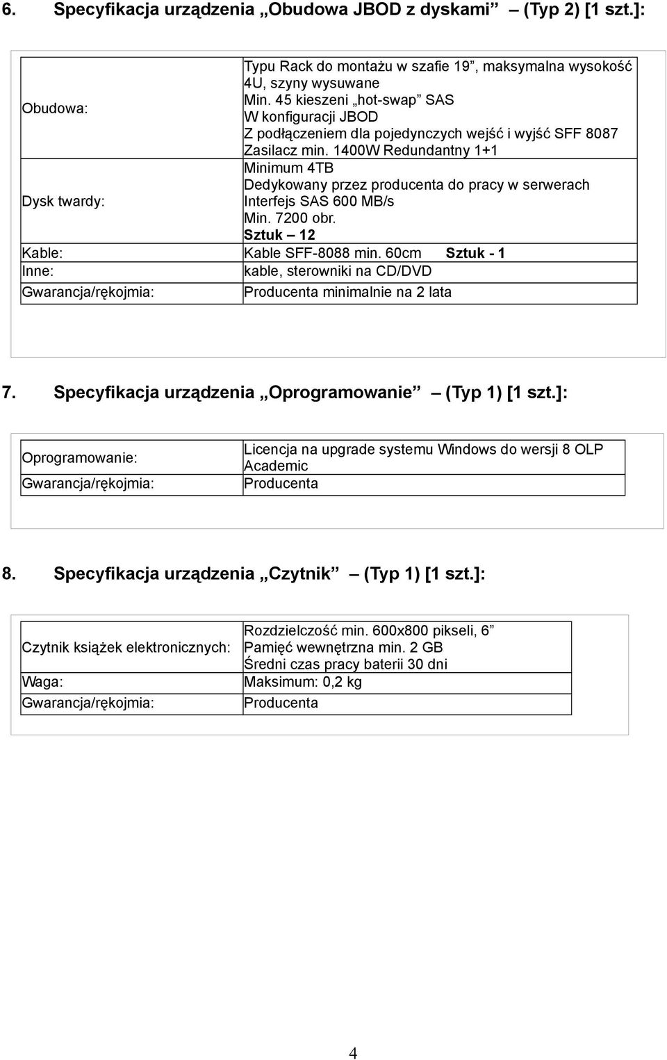 1400W Redundantny 1+1 Minimum 4TB Dedykowany przez producenta do pracy w serwerach Interfejs SAS 600 MB/s Min. 7200 obr. Sztuk 12 Kable: Kable SFF-8088 min.