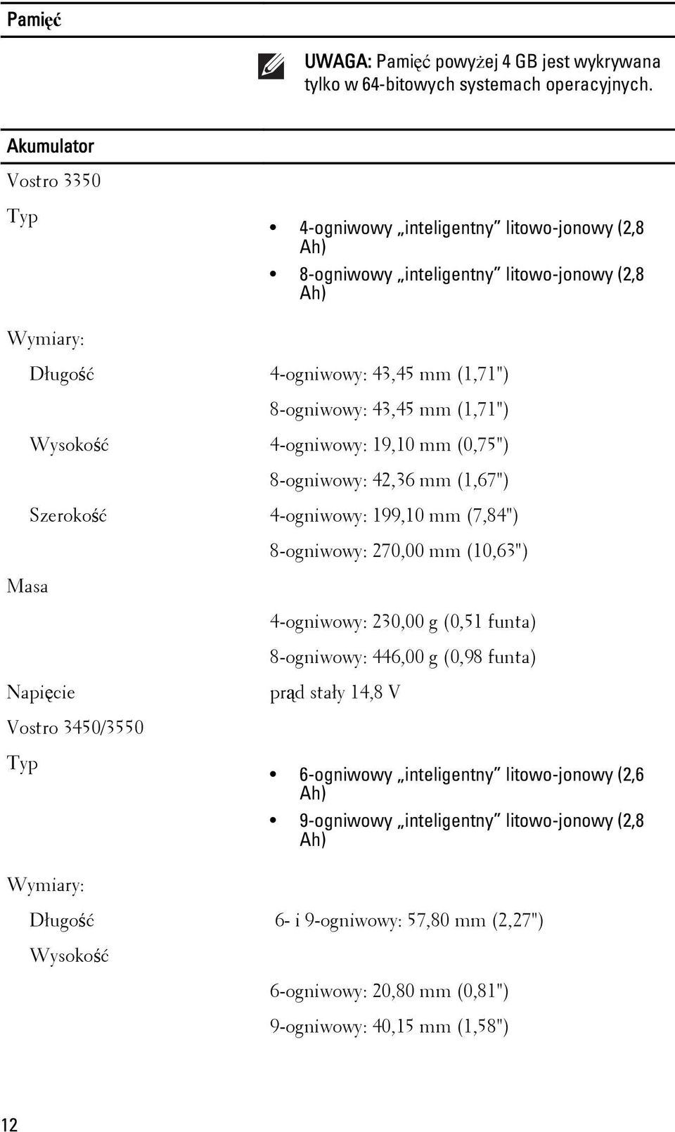 (1,71") Wysokość 4-ogniwowy: 19,10 mm (0,75") 8-ogniwowy: 42,36 mm (1,67") Szerokość 4-ogniwowy: 199,10 mm (7,84") 8-ogniwowy: 270,00 mm (10,63") Masa 4-ogniwowy: 230,00 g (0,51 funta)
