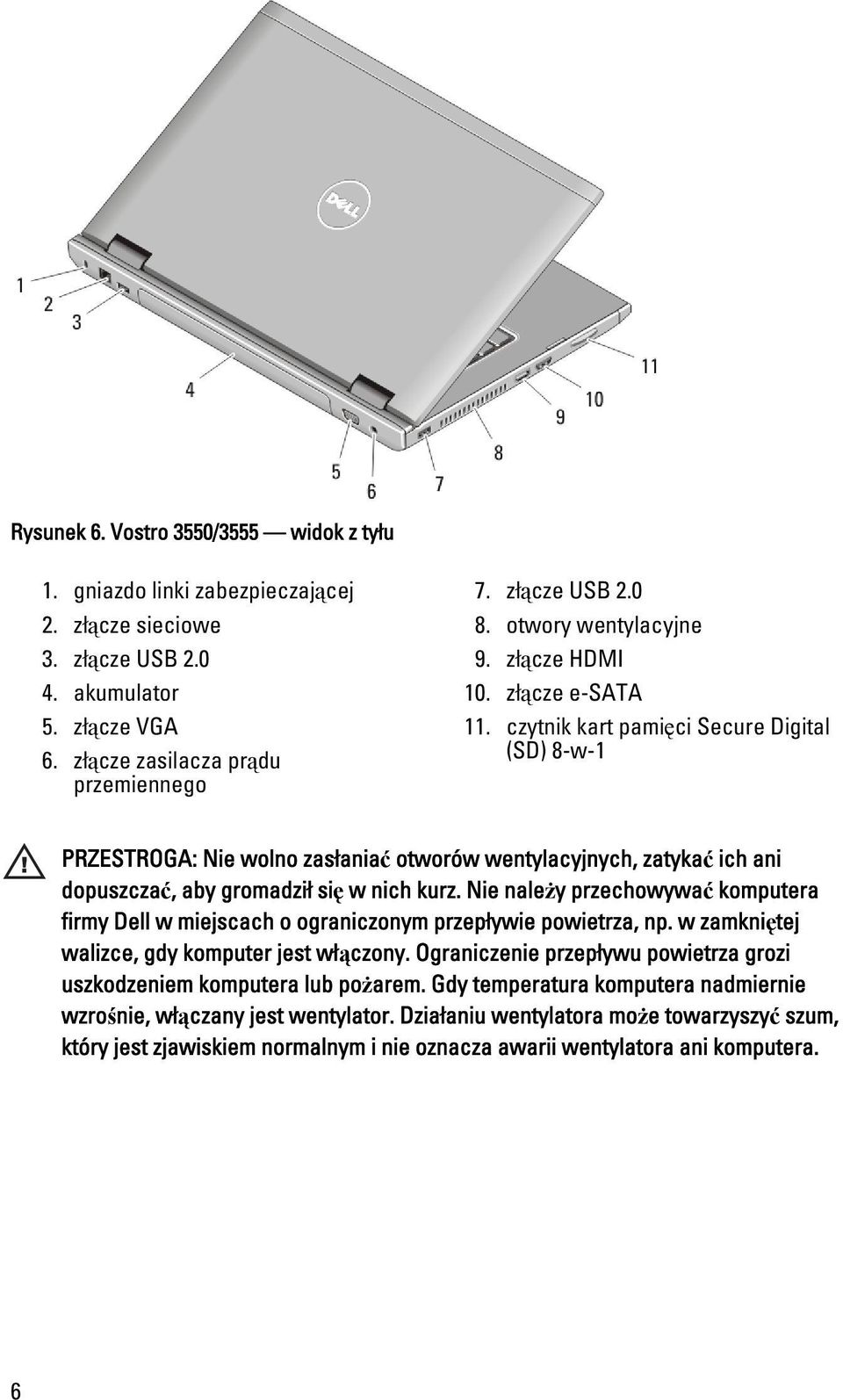 czytnik kart pamięci Secure Digital (SD) 8-w-1 PRZESTROGA: Nie wolno zasłaniać otworów wentylacyjnych, zatykać ich ani dopuszczać, aby gromadził się w nich kurz.
