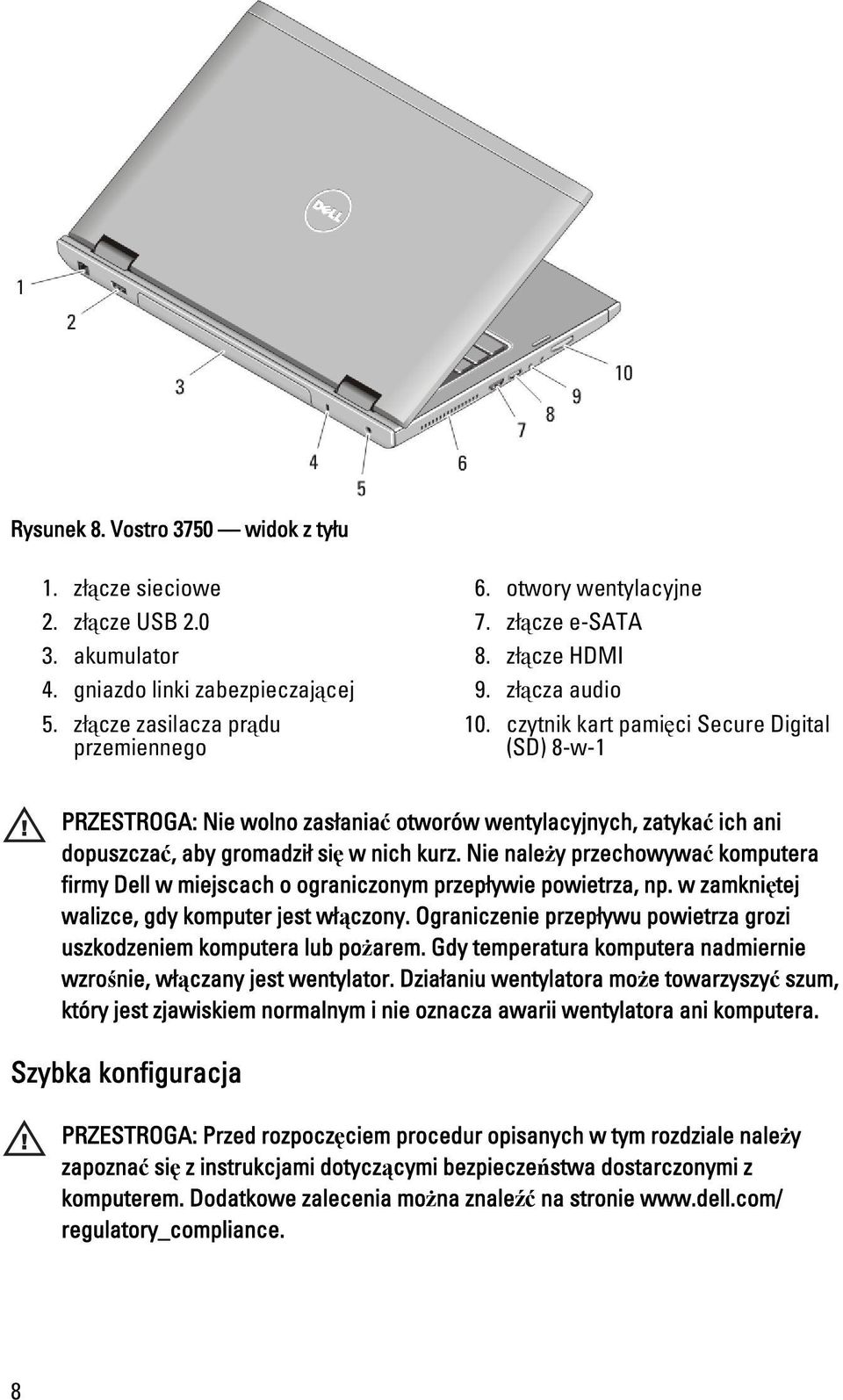 czytnik kart pamięci Secure Digital (SD) 8-w-1 PRZESTROGA: Nie wolno zasłaniać otworów wentylacyjnych, zatykać ich ani dopuszczać, aby gromadził się w nich kurz.