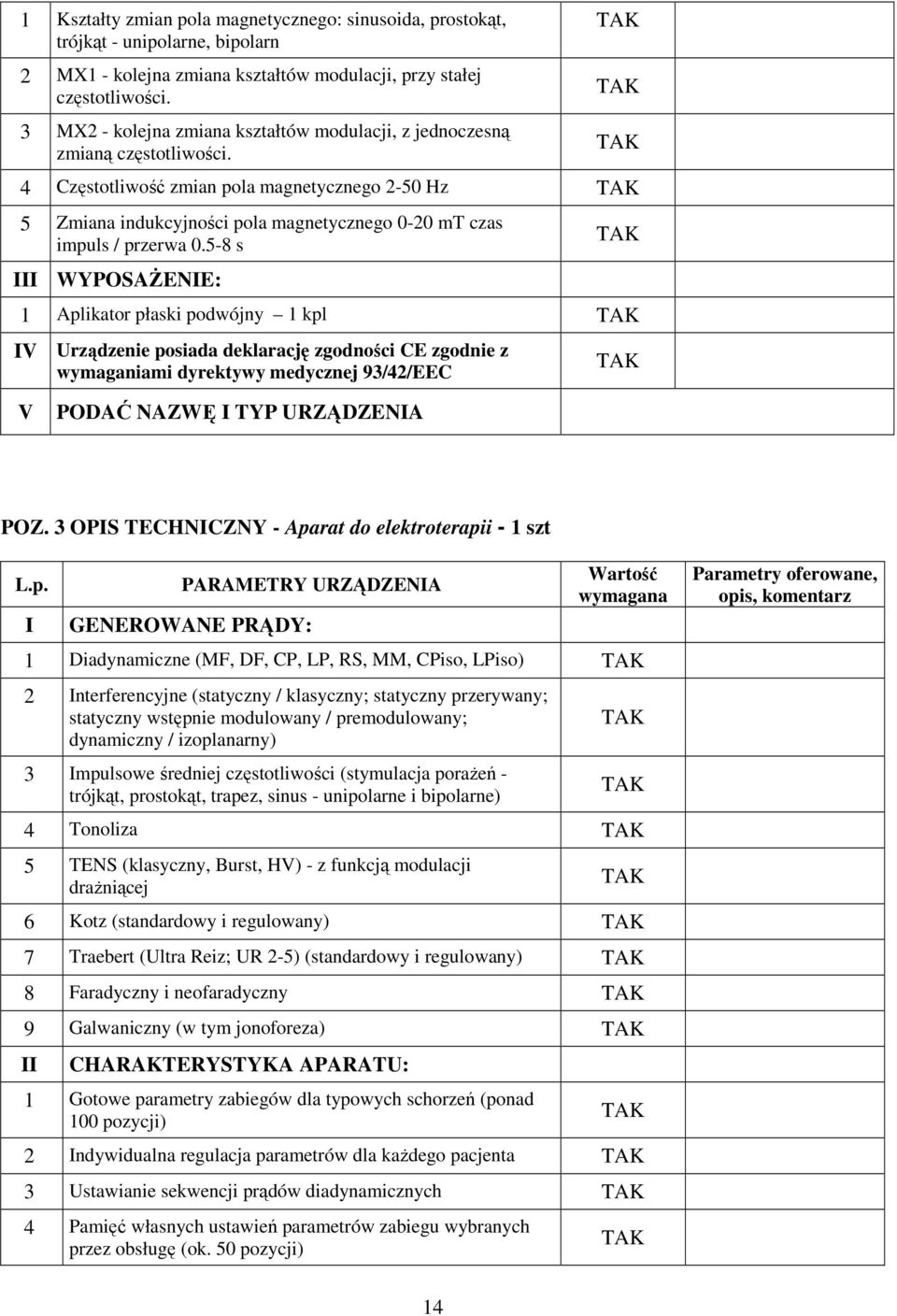 4 Częstotliwość zmian pola magnetycznego 2-50 Hz 5 Zmiana indukcyjności pola magnetycznego 0-20 mt czas impuls / przerwa 0.