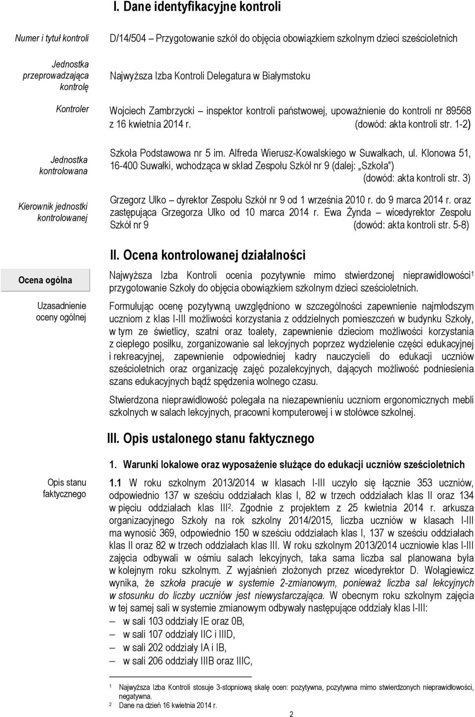 1-2) Jednostka kontrolowana Kierownik jednostki kontrolowanej Szkoła Podstawowa nr 5 im. Alfreda Wierusz-Kowalskiego w Suwałkach, ul.