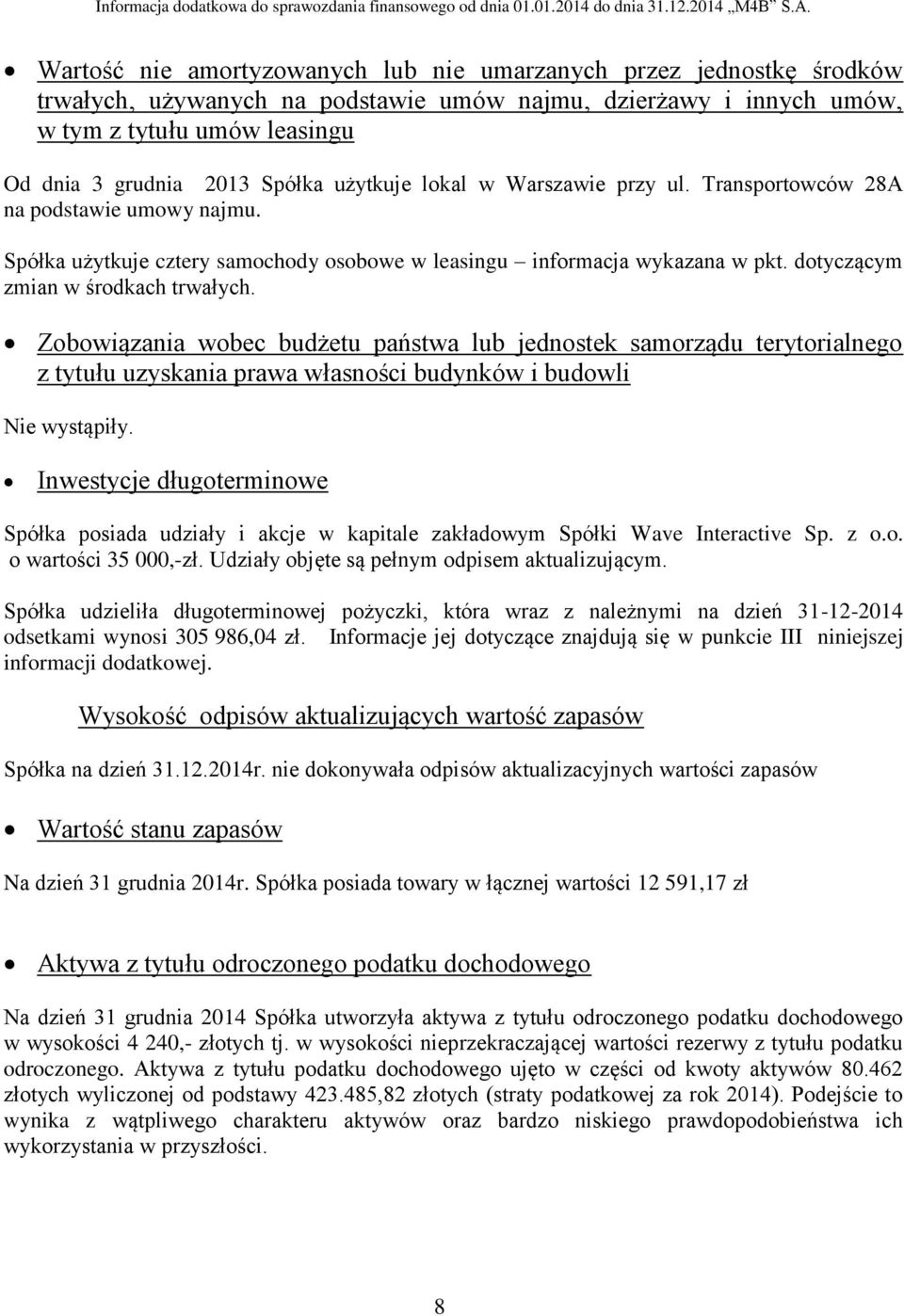 Zobowiązania wobec budżetu państwa lub jednostek samorządu terytorialnego z tytułu uzyskania prawa własności budynków i budowli Inwestycje długoterminowe Spółka posiada udziały i akcje w kapitale