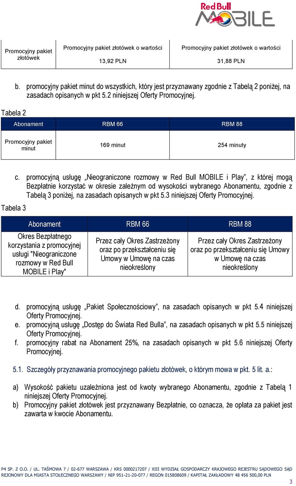 Abonament RBM 66 RBM 88 Promocyjny pakiet minut 169 minut 254 minuty Tabela 3 c.
