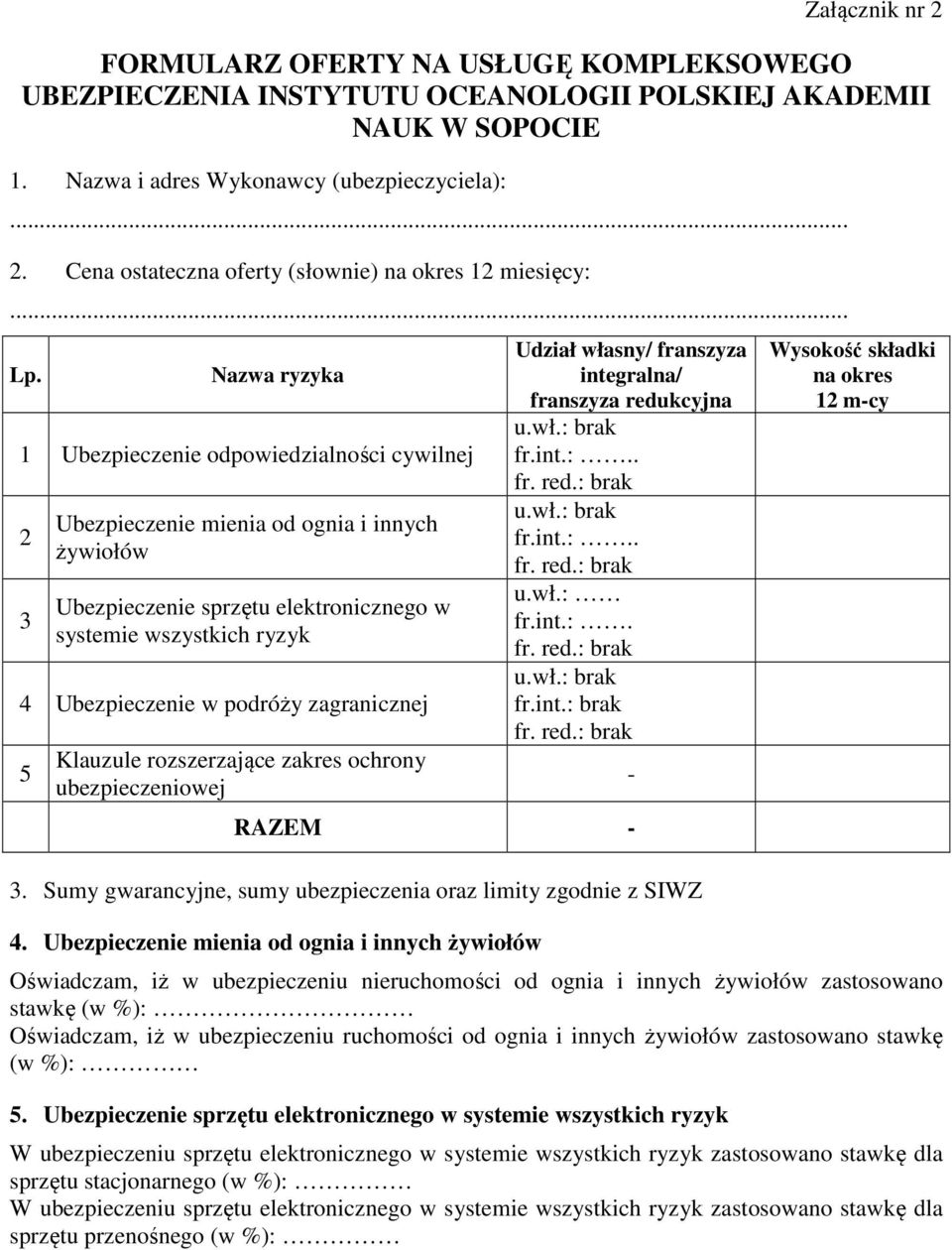 Nazwa ryzyka 1 Ubezpieczenie odpowiedzialności cywilnej 2 3 Ubezpieczenie mienia od ognia i innych żywiołów Ubezpieczenie sprzętu elektronicznego w systemie wszystkich ryzyk 4 Ubezpieczenie w podróży
