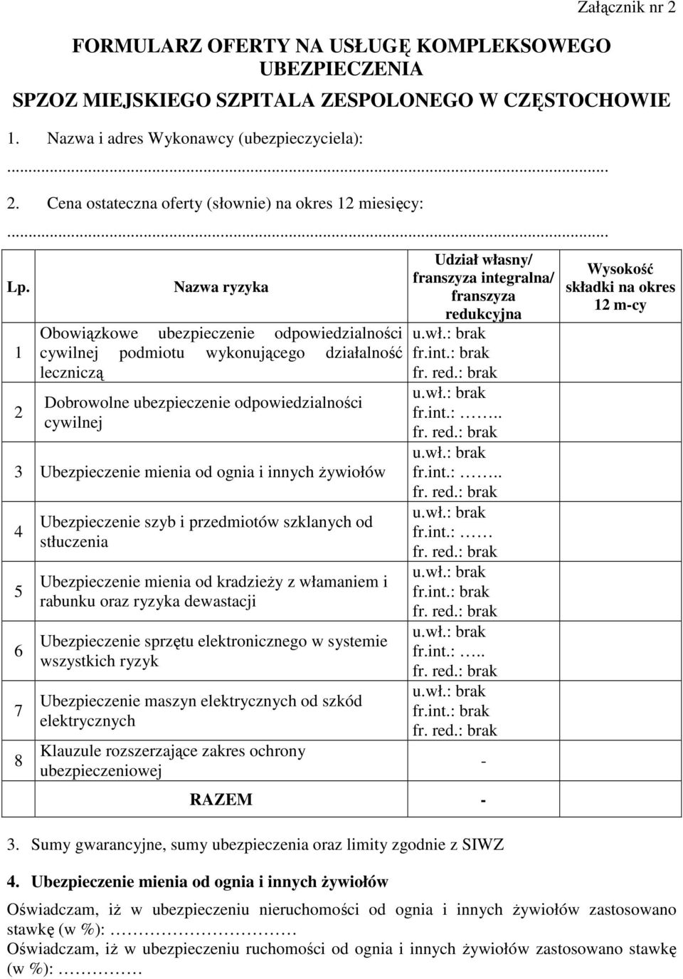 1 2 Nazwa ryzyka Obowiązkowe ubezpieczenie odpowiedzialności cywilnej podmiotu wykonującego działalność leczniczą Dobrowolne ubezpieczenie odpowiedzialności cywilnej 3 Ubezpieczenie mienia od ognia i