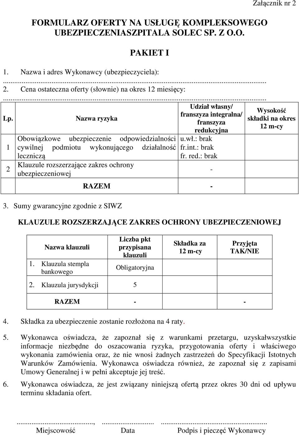 Sumy gwarancyjne zgodnie z SIWZ Udział własny/ franszyza integralna/ franszyza redu