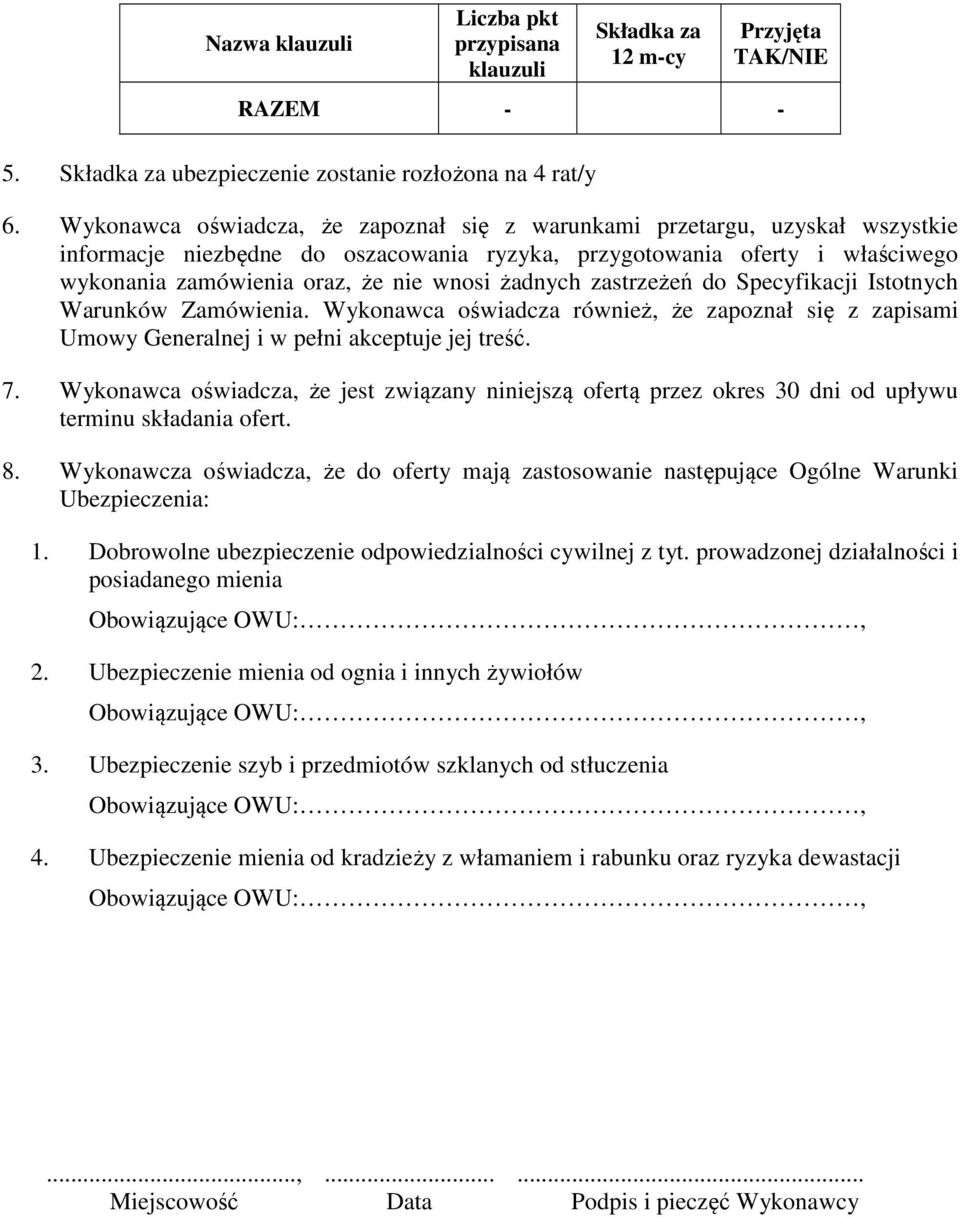 żadnych zastrzeżeń do Specyfikacji Istotnych Warunków Zamówienia. Wykonawca oświadcza również, że zapoznał się z zapisami Umowy Generalnej i w pełni akceptuje jej treść. 7.