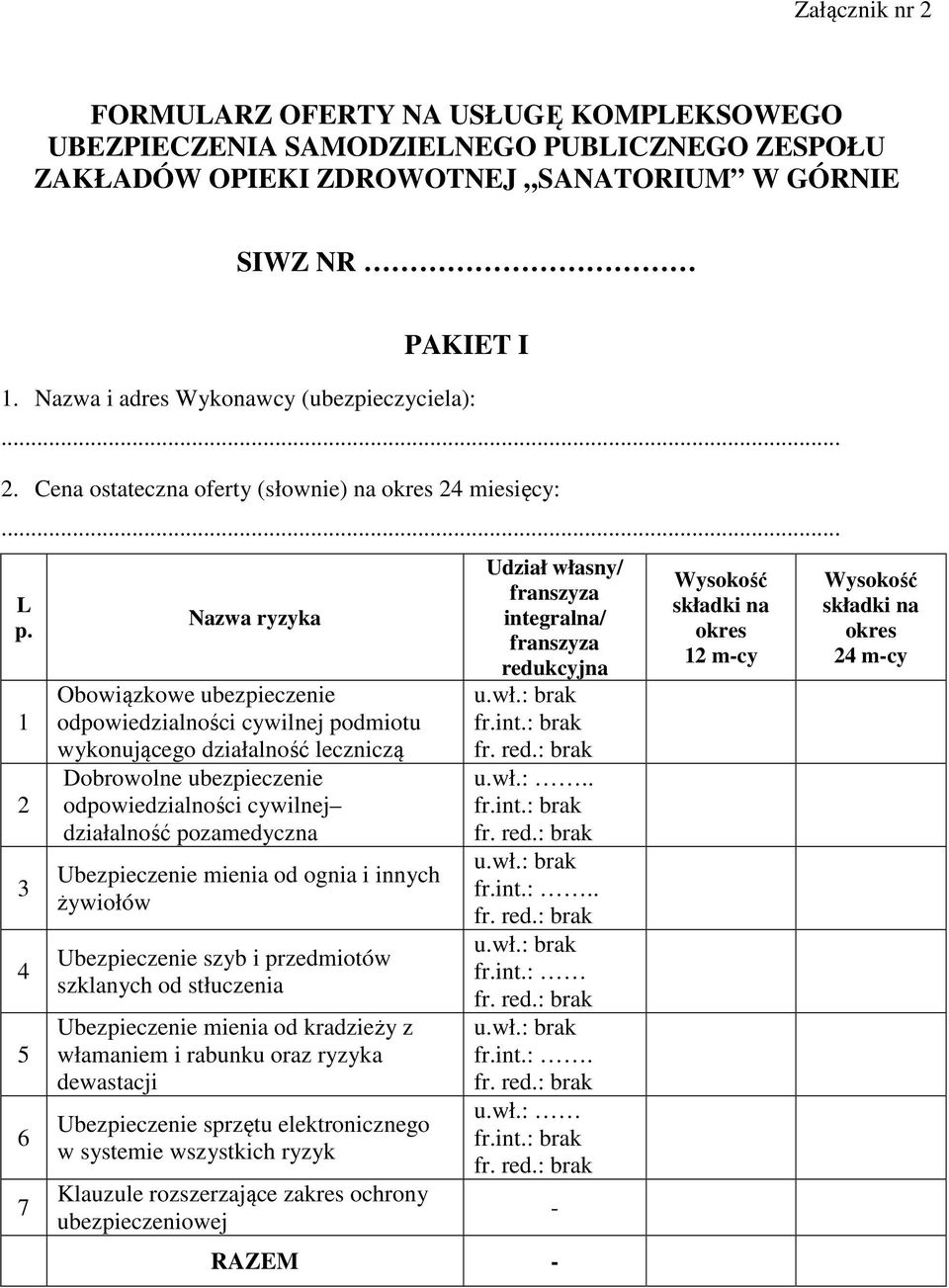 1 2 3 4 5 6 7 Nazwa ryzyka Obowiązkowe ubezpieczenie odpowiedzialności cywilnej podmiotu wykonującego działalność leczniczą Dobrowolne ubezpieczenie odpowiedzialności cywilnej działalność