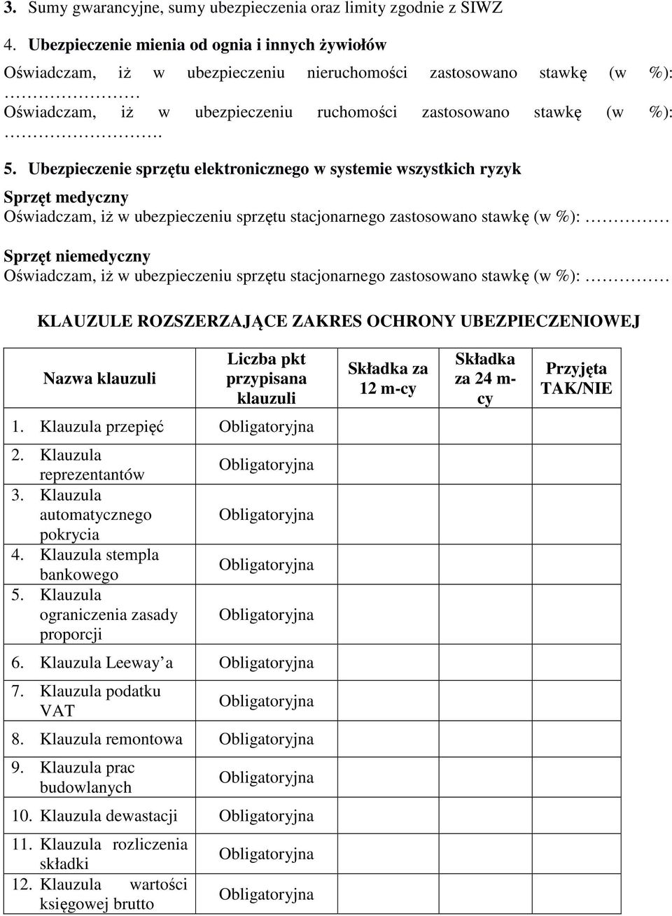 Ubezpieczenie sprzętu elektronicznego w systemie wszystkich ryzyk Sprzęt medyczny Oświadczam, iż w ubezpieczeniu sprzętu stacjonarnego zastosowano stawkę (w %): Sprzęt niemedyczny Oświadczam, iż w