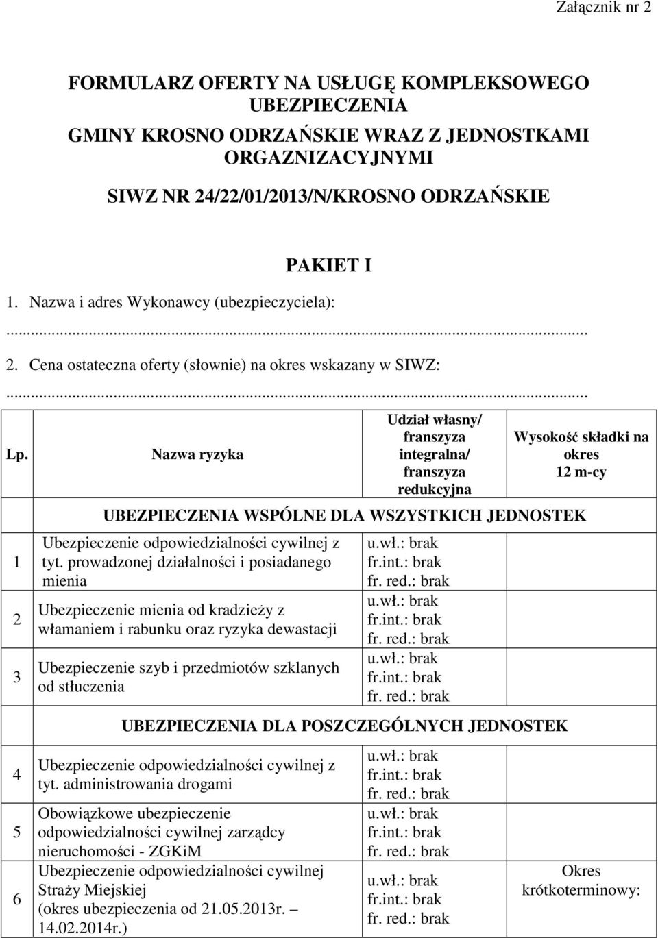 1 2 3 4 5 6 Nazwa ryzyka Udział własny/ franszyza integralna/ franszyza redukcyjna Wysokość składki na okres 12 m-cy UBEZPIECZENIA WSPÓLNE DLA WSZYSTKICH JEDNOSTEK Ubezpieczenie odpowiedzialności