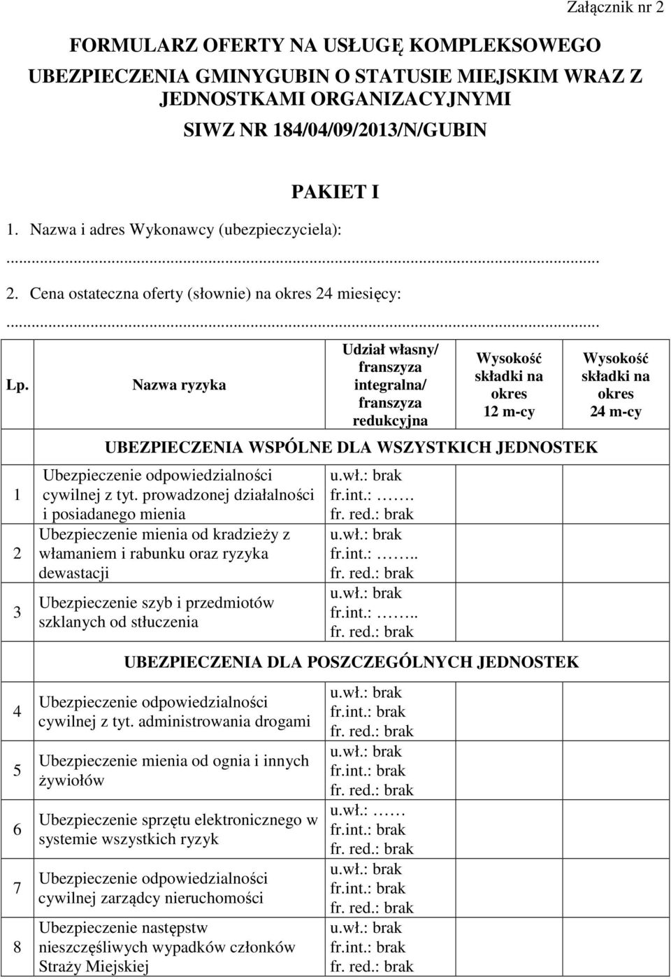 1 2 3 4 5 6 7 8 Nazwa ryzyka Udział własny/ franszyza integralna/ franszyza redukcyjna Wysokość składki na okres 12 m-cy UBEZPIECZENIA WSPÓLNE DLA WSZYSTKICH JEDNOSTEK Ubezpieczenie odpowiedzialności