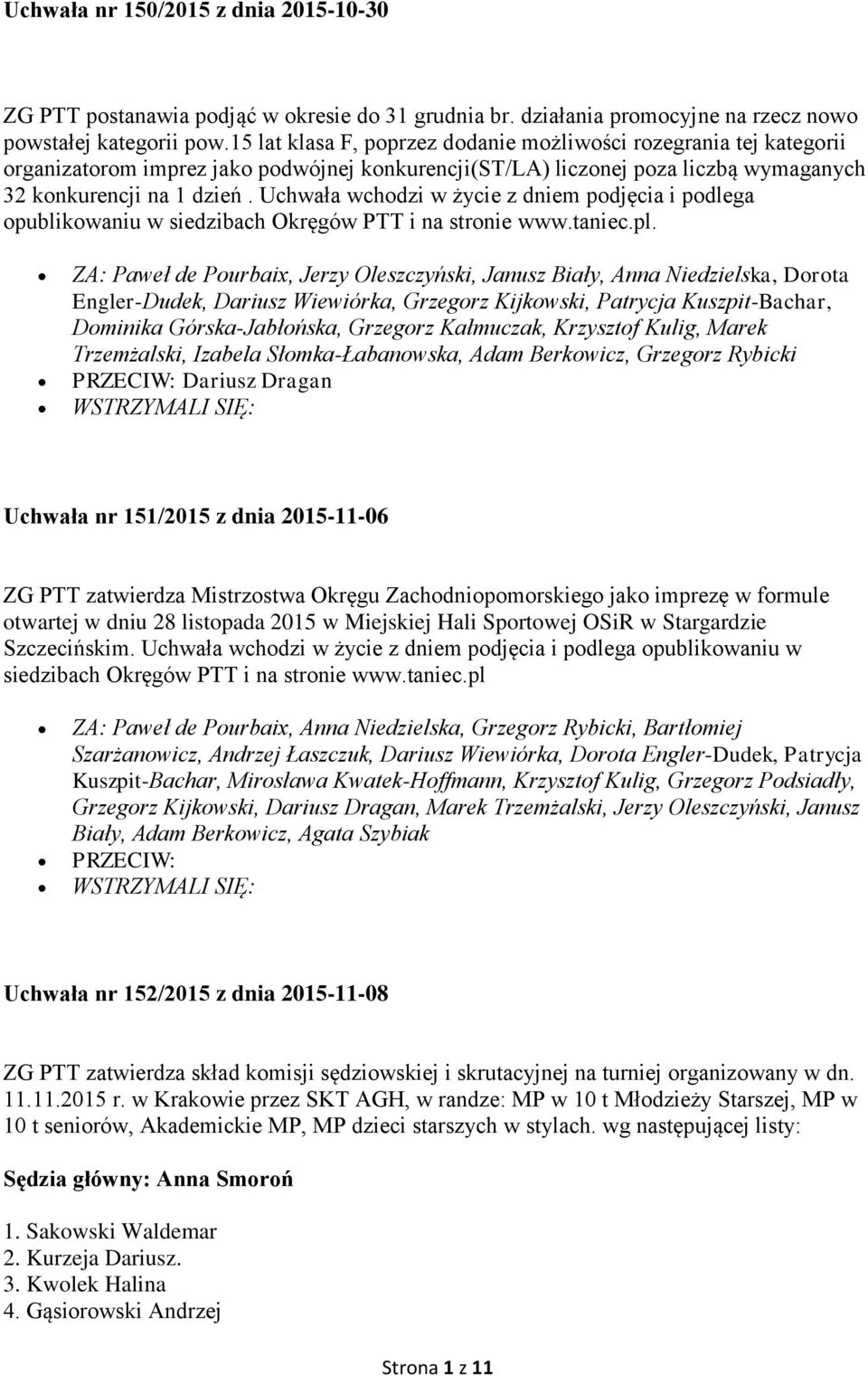 Uchwała wchodzi w życie z dniem podjęcia i podlega opublikowaniu w siedzibach Okręgów PTT i na stronie www.taniec.pl.