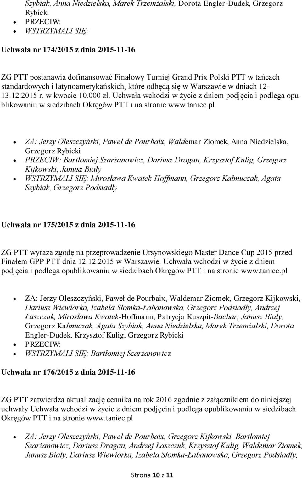 Uchwała wchodzi w życie z dniem podjęcia i podlega opublikowaniu w siedzibach Okręgów PTT i na stronie www.taniec.pl.