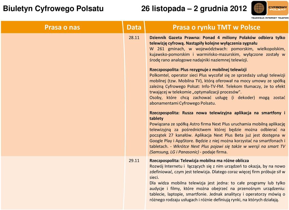 telewizji. Rzeczpospolita: Plus rezygnuje z mobilnej telewizji Polkomtel, operator sieci Plus wycofał się ze sprzedaży usługi telewizji mobilnej (tzw.