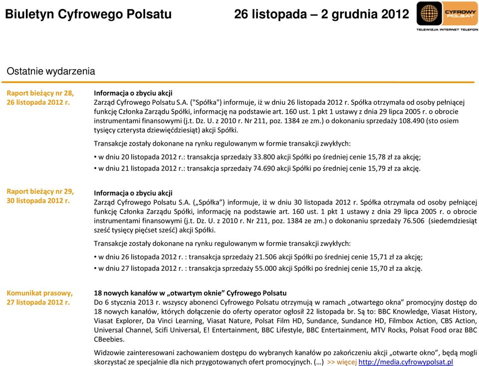 z 2010 r. Nr 211, poz. 1384 ze zm.) o dokonaniu sprzedaży 108.490 (sto osiem tysięcy czterysta dziewięćdziesiąt) akcji Spółki.