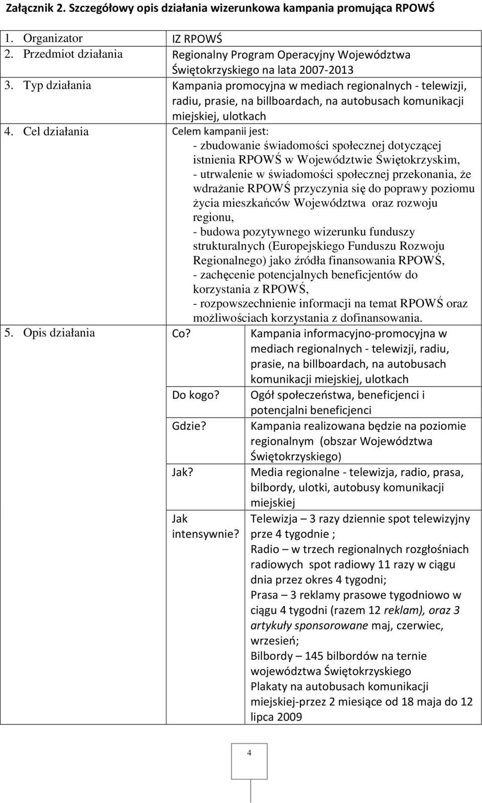 Typ działania Kampania promocyjna w mediach regionalnych - telewizji, radiu, prasie, na billboardach, na autobusach komunikacji miejskiej, ulotkach 4.