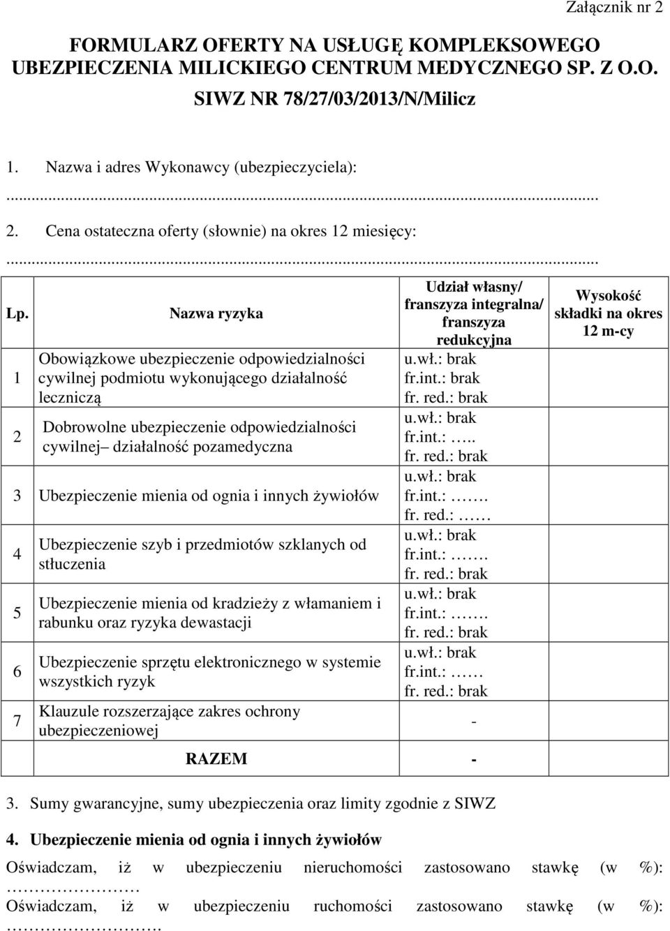 1 2 Nazwa ryzyka Obowiązkowe ubezpieczenie odpowiedzialności cywilnej podmiotu wykonującego działalność leczniczą Dobrowolne ubezpieczenie odpowiedzialności cywilnej działalność pozamedyczna 3