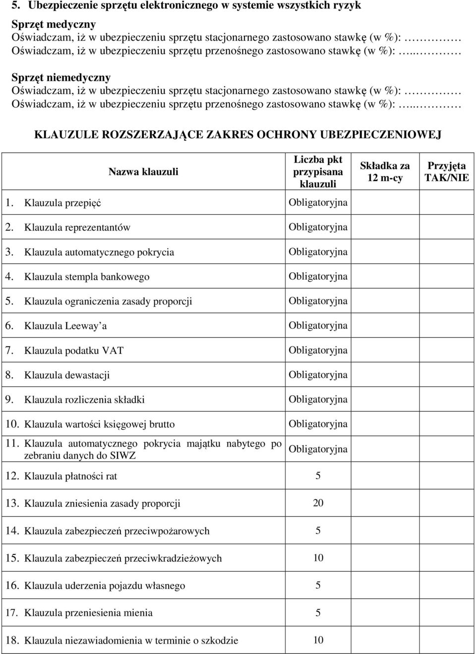 . Sprzęt niemedyczny Oświadczam, iż w ubezpieczeniu sprzętu stacjonarnego zastosowano stawkę (w %): Oświadczam, iż w ubezpieczeniu .
