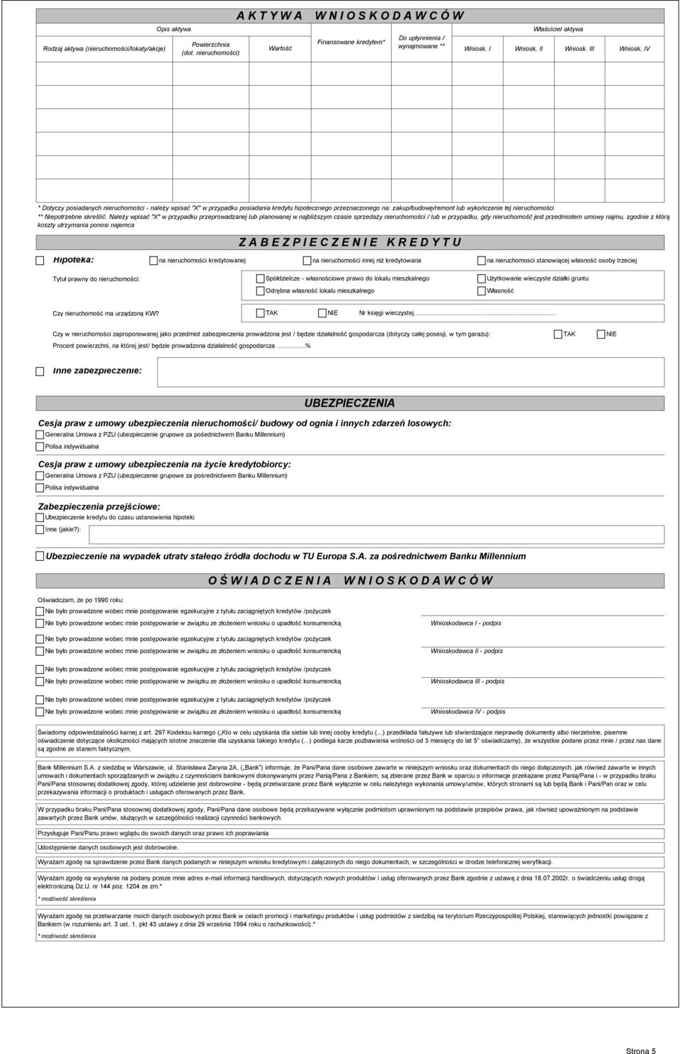IV * Dotyczy posiadanych nieruchomości - należy wpisać "X" w przypadku posiadania kredytu hipotecznego przeznaczonego na: zakup/buwę/remont lub wykończenie tej nieruchomości ** Niepotrzebne skreślić.