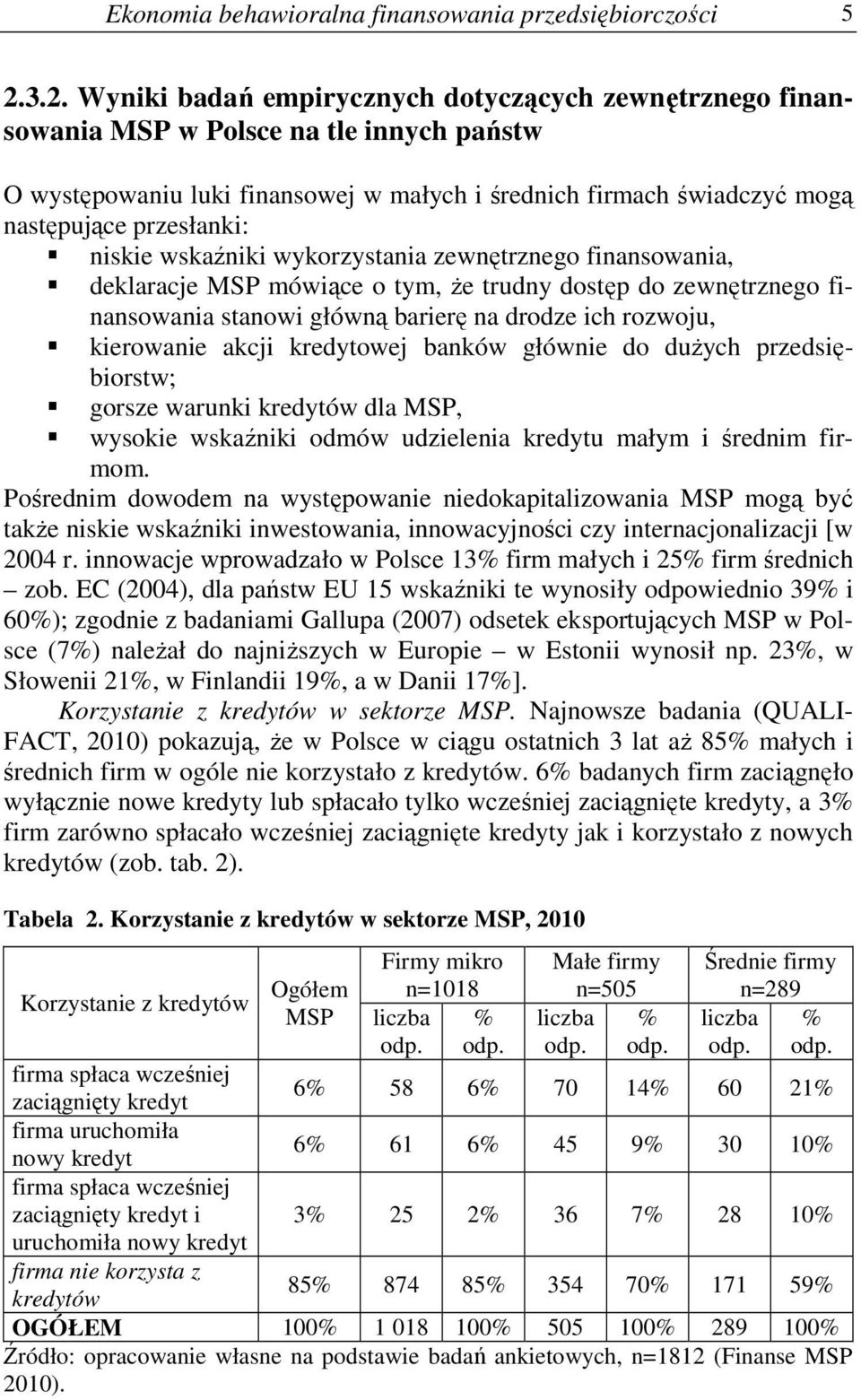 przesłanki: niskie wskaźniki wykorzystania zewnętrznego finansowania, deklaracje MSP mówiące o tym, Ŝe trudny dostęp do zewnętrznego finansowania stanowi główną barierę na drodze ich rozwoju,