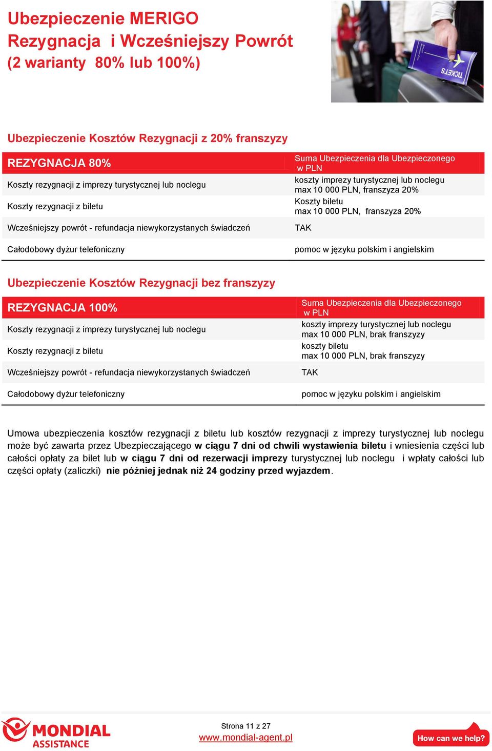 noclegu max 10 000 PLN, franszyza 20% Koszty biletu max 10 000 PLN, franszyza 20% TAK pomoc w języku polskim i angielskim Ubezpieczenie Kosztów Rezygnacji bez franszyzy REZYGNACJA 100% Koszty