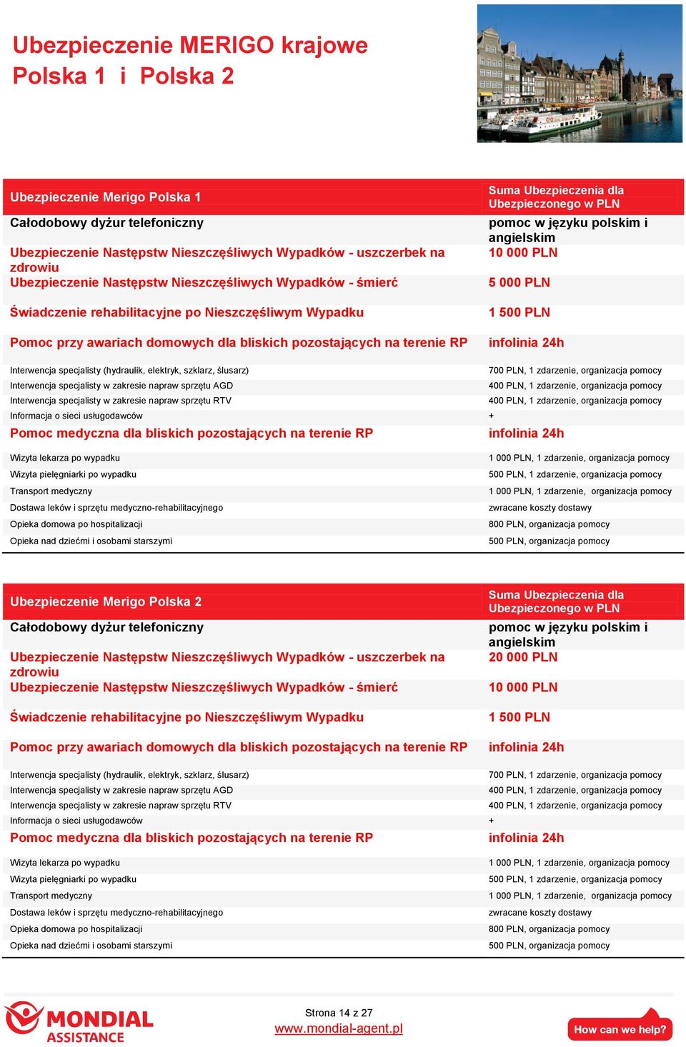 Ubezpieczonego w PLN pomoc w języku polskim i angielskim 10 000 PLN 5 000 PLN 1 500 PLN infolinia 24h Interwencja specjalisty (hydraulik, elektryk, szklarz, ślusarz) 700 PLN, 1 zdarzenie, organizacja