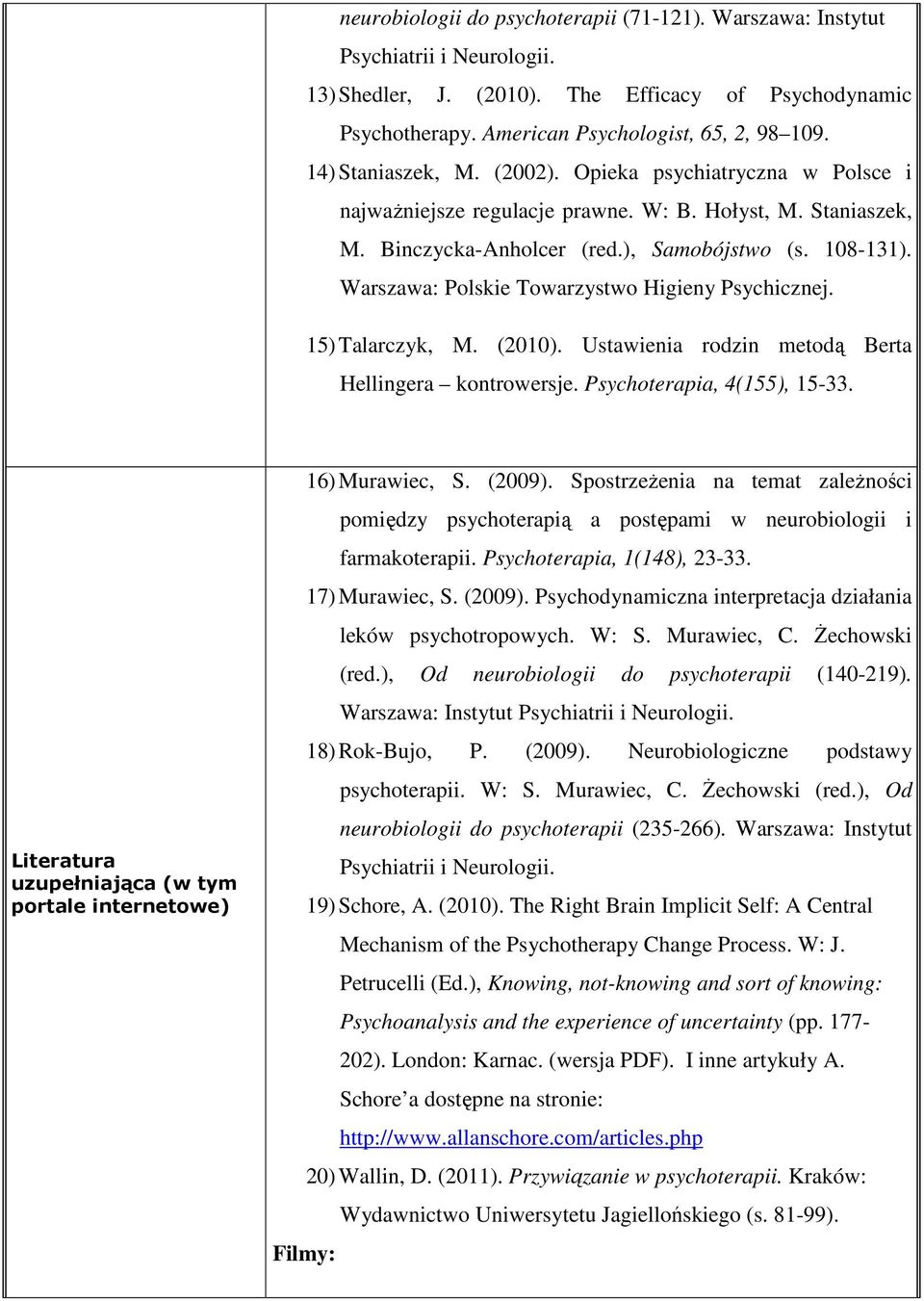 Warszawa: Polskie Towarzystwo Higieny Psychicznej. 15) Talarczyk, M. (2010). Ustawienia rodzin metodą Berta Hellingera kontrowersje. Psychoterapia, 4(155), 15-33.