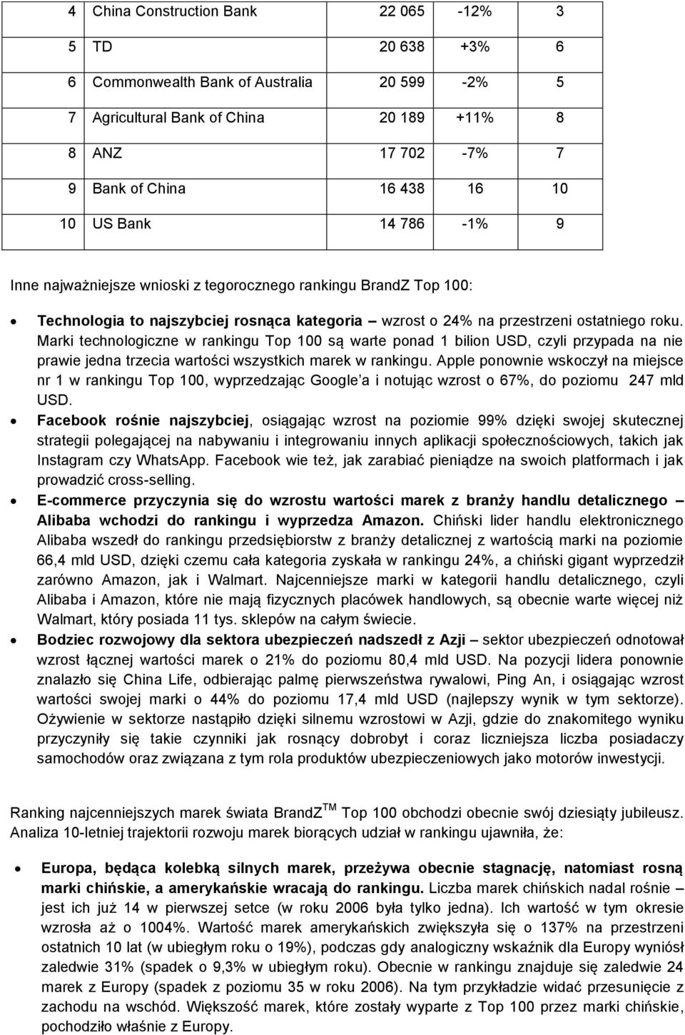 Marki technologiczne w rankingu Top 100 są warte ponad 1 bilion USD, czyli przypada na nie prawie jedna trzecia wartości wszystkich marek w rankingu.
