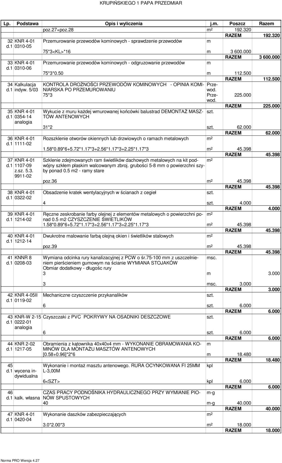 000 75*3*0.50 112.500 RAZEM 112.500 KONTROLA DROśNOŚCI PRZEWODÓW KOMINOWYCH - OPINIA KOMI- Przewod. NIARSKA PO PRZEMUROWANIU 75*3 Przewod. 225.000 RAZEM 225.