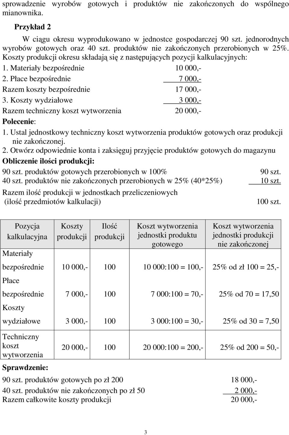 Płace bezpośrednie 7 000,- Razem koszty bezpośrednie 17 000,- 3. wydziałowe 3 000,- Razem techniczny koszt Polecenie: 1. Ustal jednostkowy techniczny koszt produktów gotowych oraz nie zakończonej.