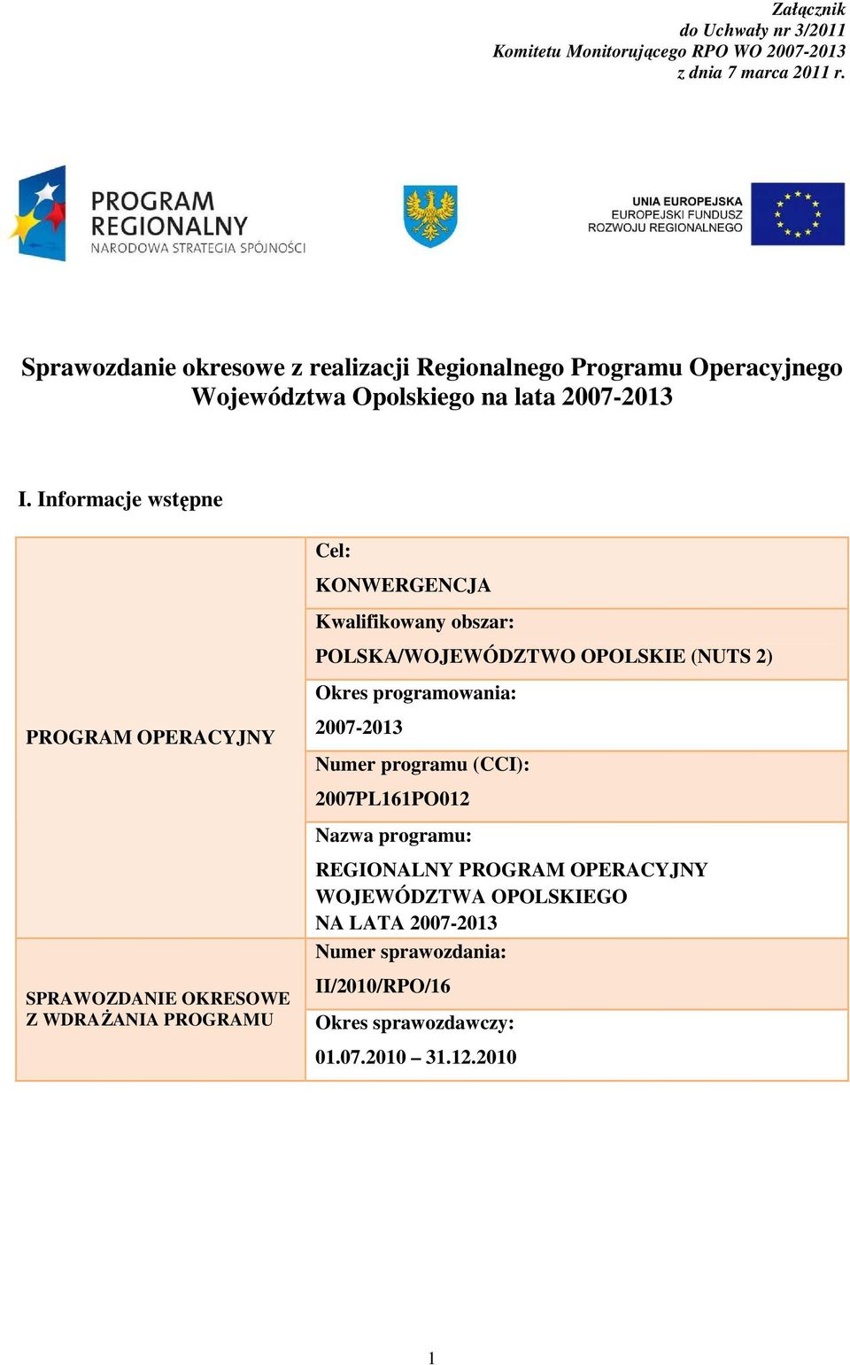 Informacje wstępne PROGRAM OPERACYJNY SPRAWOZDANIE OKRESOWE Z WDRAśANIA PROGRAMU Cel: KONWERGENCJA Kwalifikowany obszar: POLSKA/WOJEWÓDZTWO