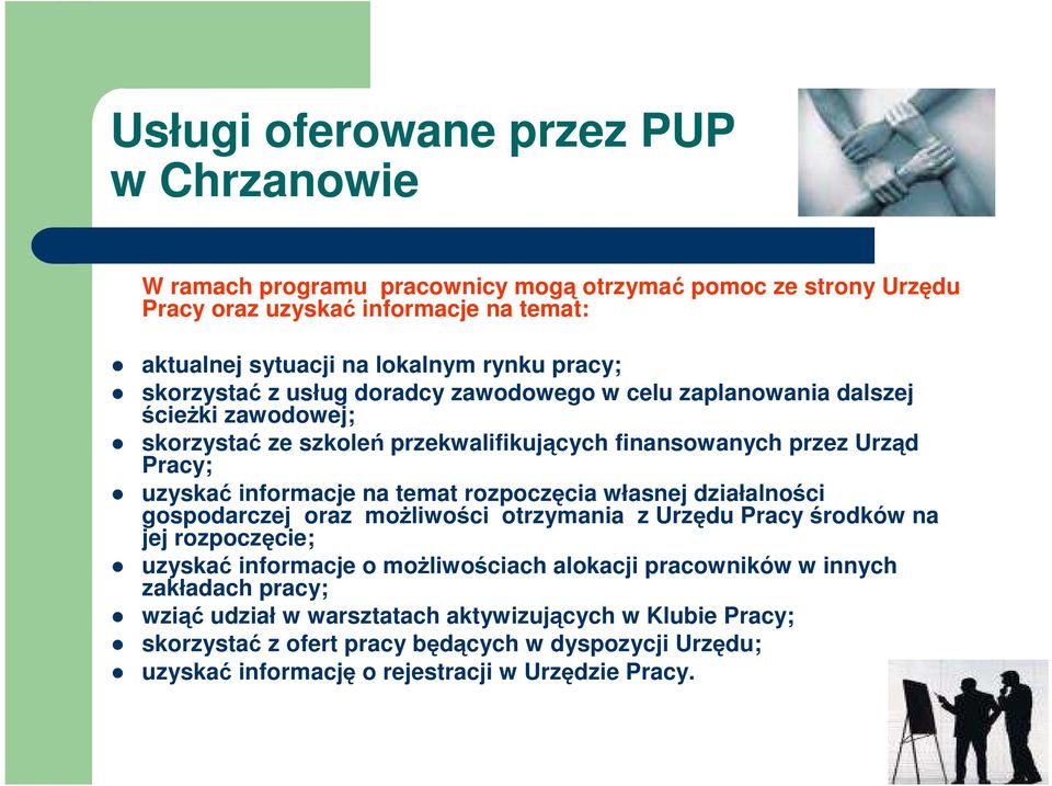 informacje na temat rozpoczęcia własnej działalności gospodarczej oraz moŝliwości otrzymania z Urzędu Pracy środków na jej rozpoczęcie; uzyskać informacje o moŝliwościach alokacji