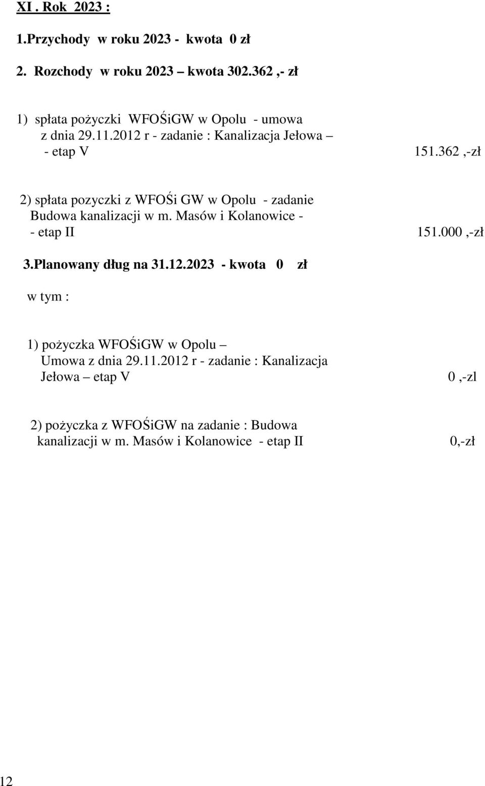 362,- zł 1) spłata pożyczki WFOŚiGW w Opolu - umowa - etap V 151.