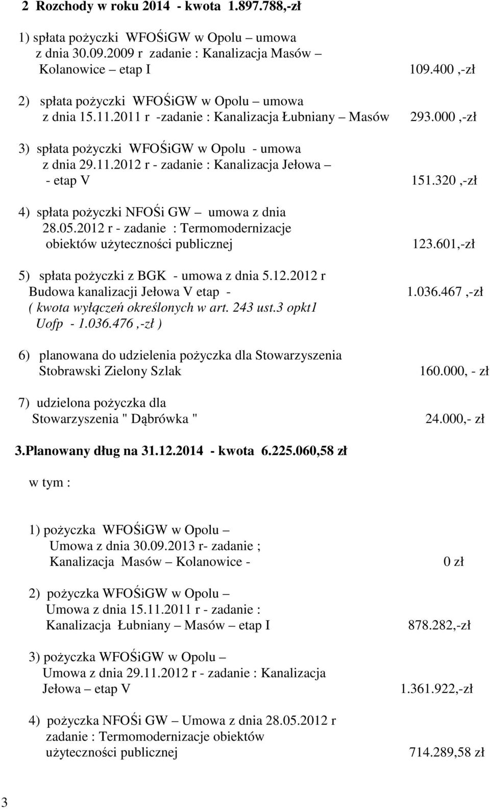 000,-zł 3) spłata pożyczki WFOŚiGW w Opolu - umowa 4) spłata pożyczki NFOŚi GW umowa z dnia obiektów 5) spłata pożyczki z BGK - umowa z dnia 5.12.