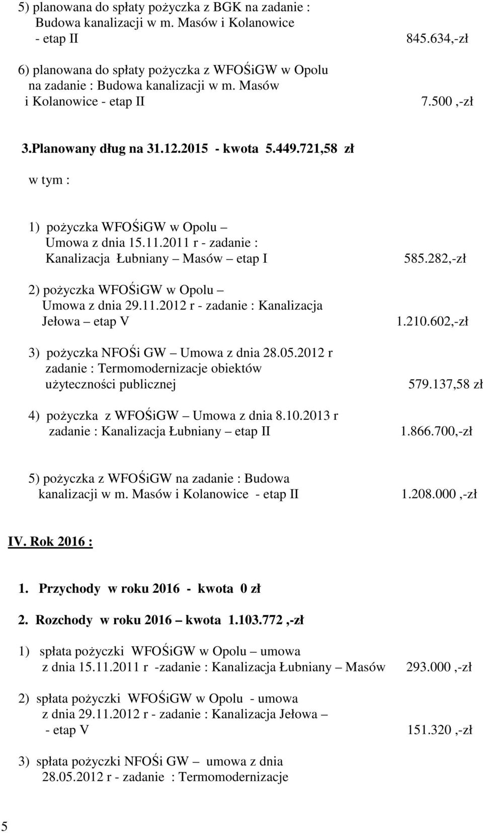 721,58 zł Umowa z dnia 15.11.2011 r - zadanie : Kanalizacja Łubniany Masów etap I 2) pożyczka WFOŚiGW w Opolu 3) pożyczka NFOŚi GW Umowa z dnia 28.05.2012 r 4) pożyczka z WFOŚiGW Umowa z dnia 8.10.